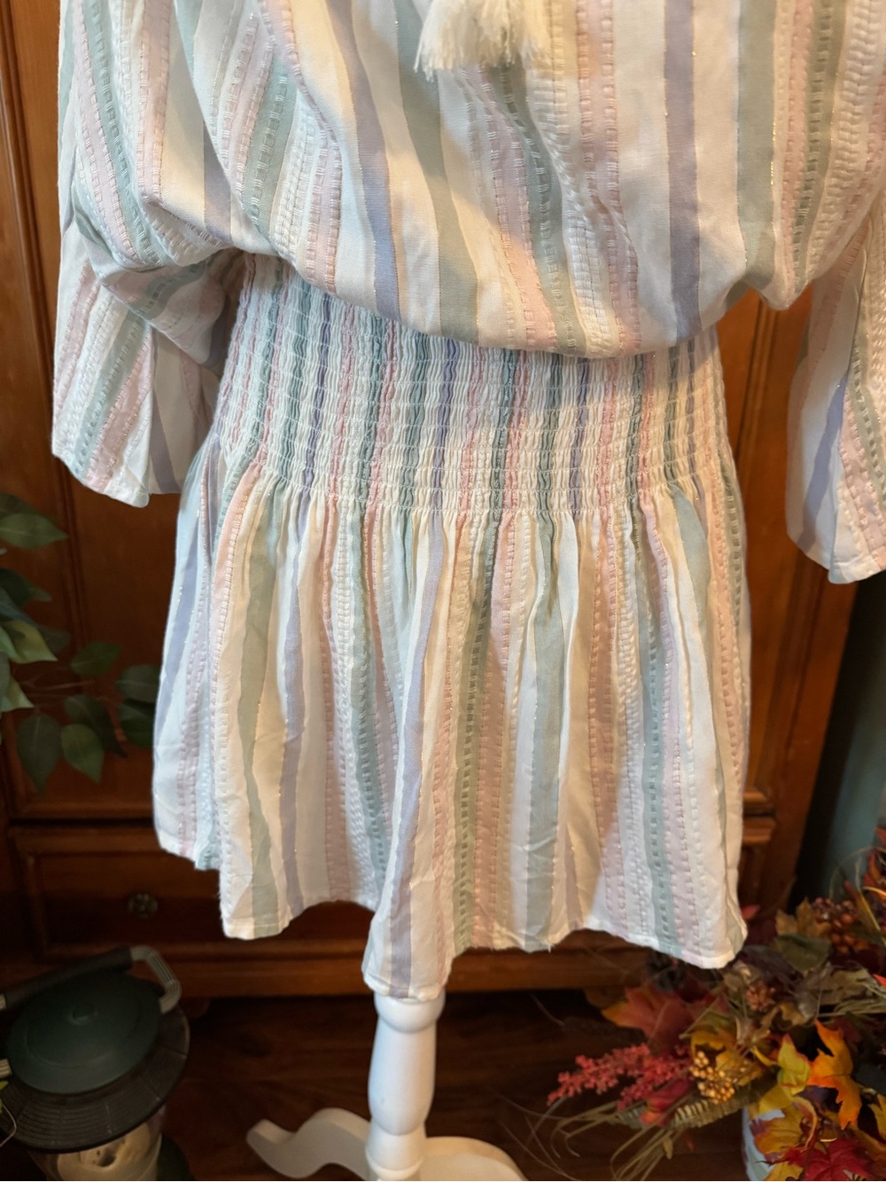Surf Gypsy Pastel Striped Cold-Shoulder Mini Dress with Tassels - Picture 3 of 6